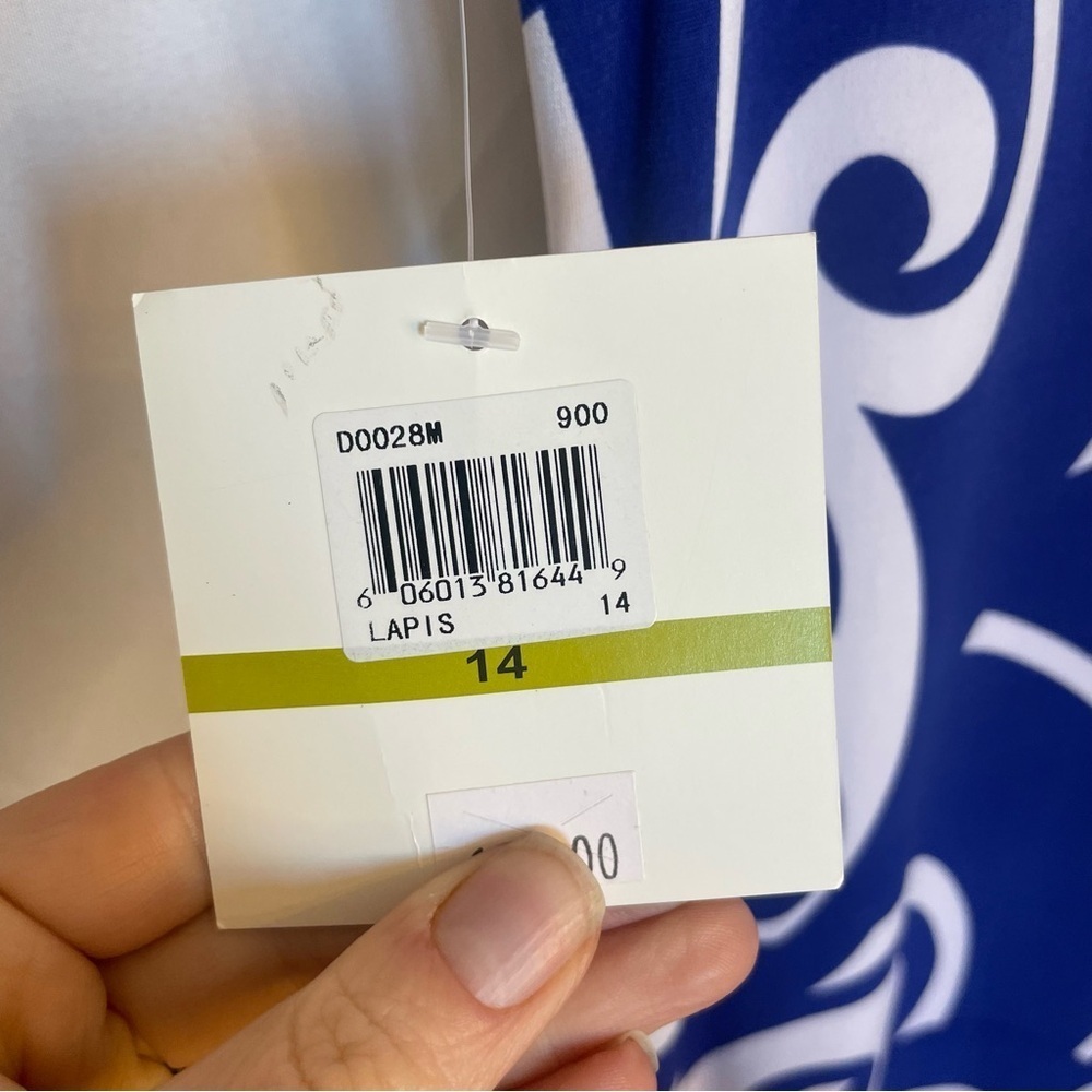 DONNA MORGAN Women’s Blue White Swirl Pencil Dress‎ Ruche Cap Sleeve Size 14 NWT - Picture 10 of 13